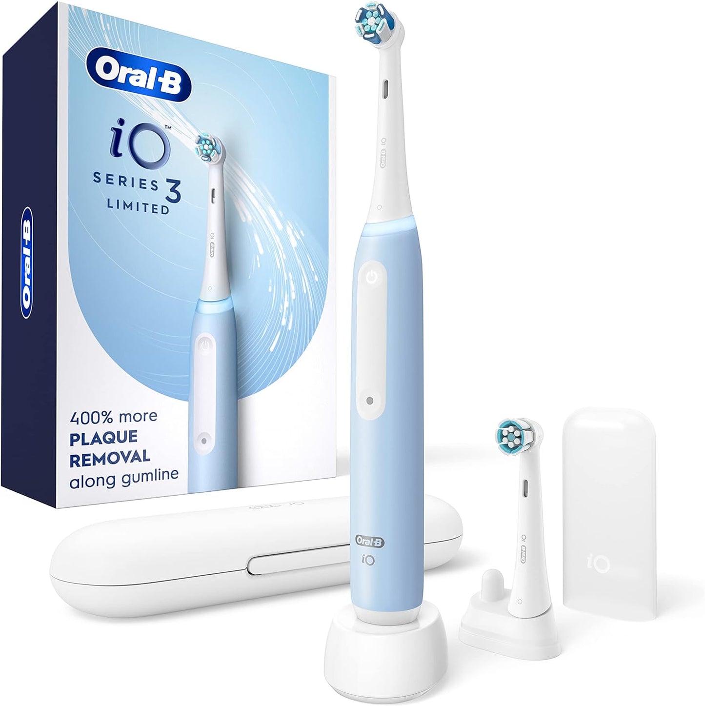 Oral-B iO Deep Clean Rechargeable Electric Powered Toothbrush, Icy Blue with iO Series 3 Limited, 2 Brush Heads and Travel Case - Pressure Sensor to Protect Gums - 3 Cleaning Settings - 2 Minute Timer