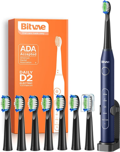 Bitvae Electric Toothbrush for Adults - Ultrasonic Electric Toothbrushes with 8 Brush Heads, ADA Accepted Power Rechargeable Toothbrush with 5 Modes, Smart Timer, Black D2