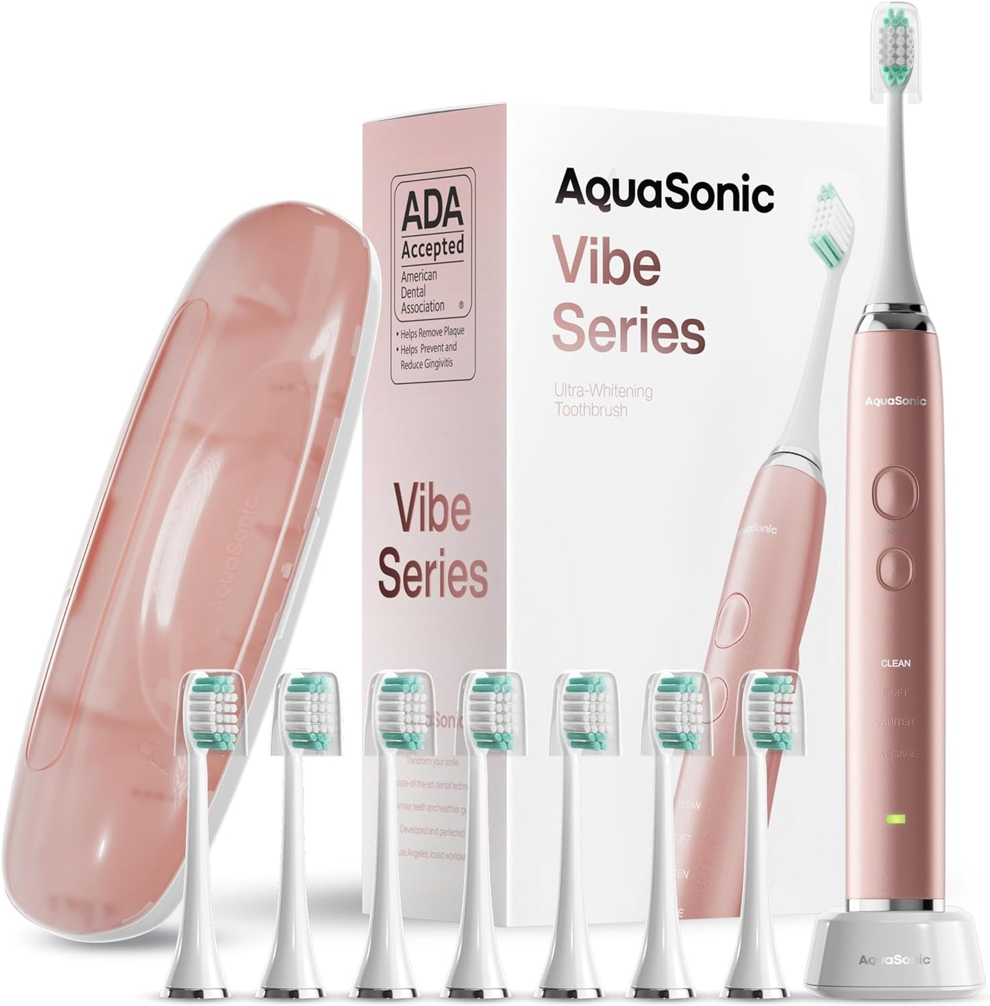 Aquasonic Vibe Series Ultra-Whitening Toothbrush – ADA Accepted Electric Toothbrush - 8 Brush Heads & Travel Case – 40,000 VPM Motor & Wireless Charging - 4 Modes w Smart Timer – Satin Rose Gold