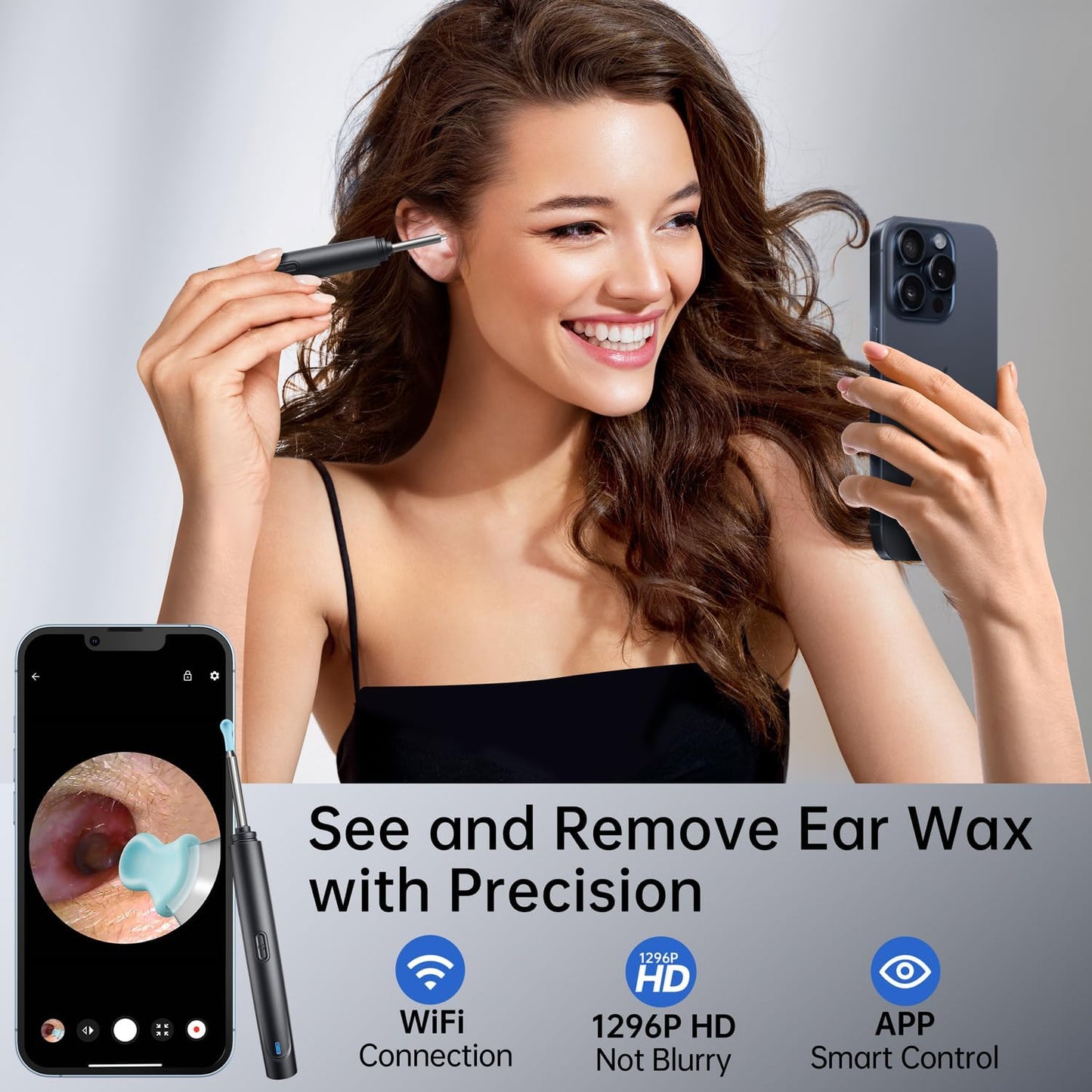 Ear Wax Removal Tool, Ear Cleaner with Camera, 1296P HD Camera and 6 LED Lights, Ear Cleaning kit with 10 Ear Pick Tips, Ear Wax Removal Kit for iOS and Android (Black)