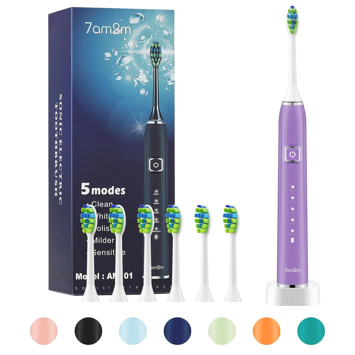 7AM2M Sonic Electric Toothbrush with 6 Brush Heads for Adults and Kids, One Charge for 90 Days, Wireless Fast Charge, 5 Modes with 2 Minutes Built in Smart Timer, Electric Toothbrushes(Pink)