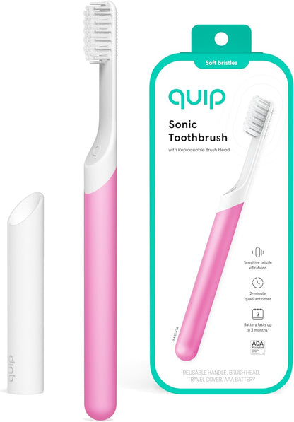 Quip Sonic Toothbrush for Adults - Timed Electric Toothbrush with Cover - Replaceable Brush Head, Soft Bristles, Plastic Handle, 3 Month Battery Life - Travel Toothbrush - Green