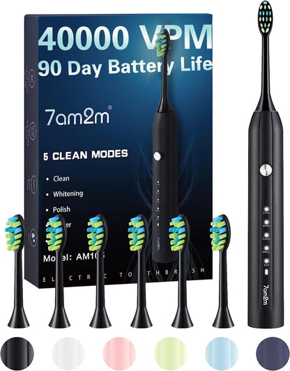 7AM2M Sonic Electric Toothbrush for Adults and Kids, with 6 Brush Heads, 5 Modes with 2 Minutes Build in Smart Timer, Roman Column Handle Design (Light Green, 1 Count (Pack of 1))