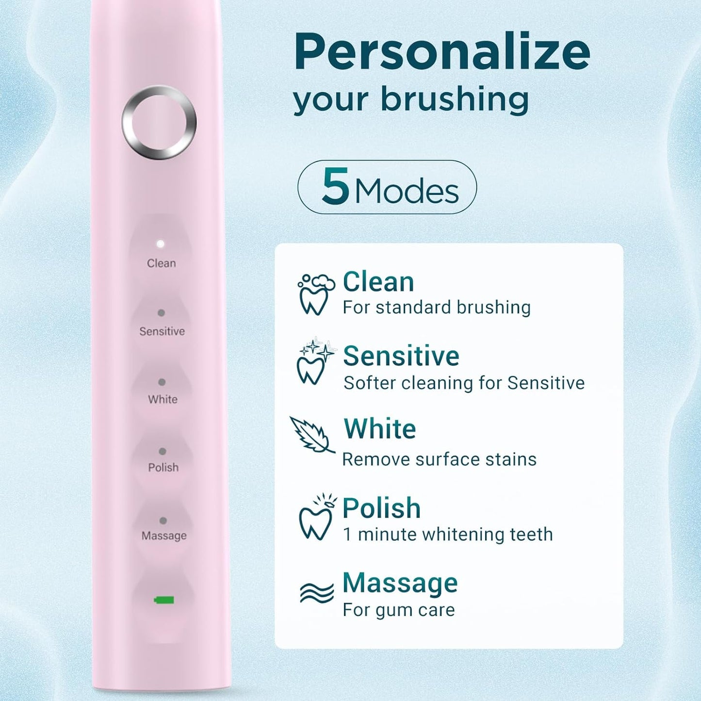 Electric Toothbrush for Adults with 8 Brush Heads, Sonic Toothbrush Rechargeable with a Holder & Travel Case, 2.5 Hours Charge for 120 Days Use - Pink