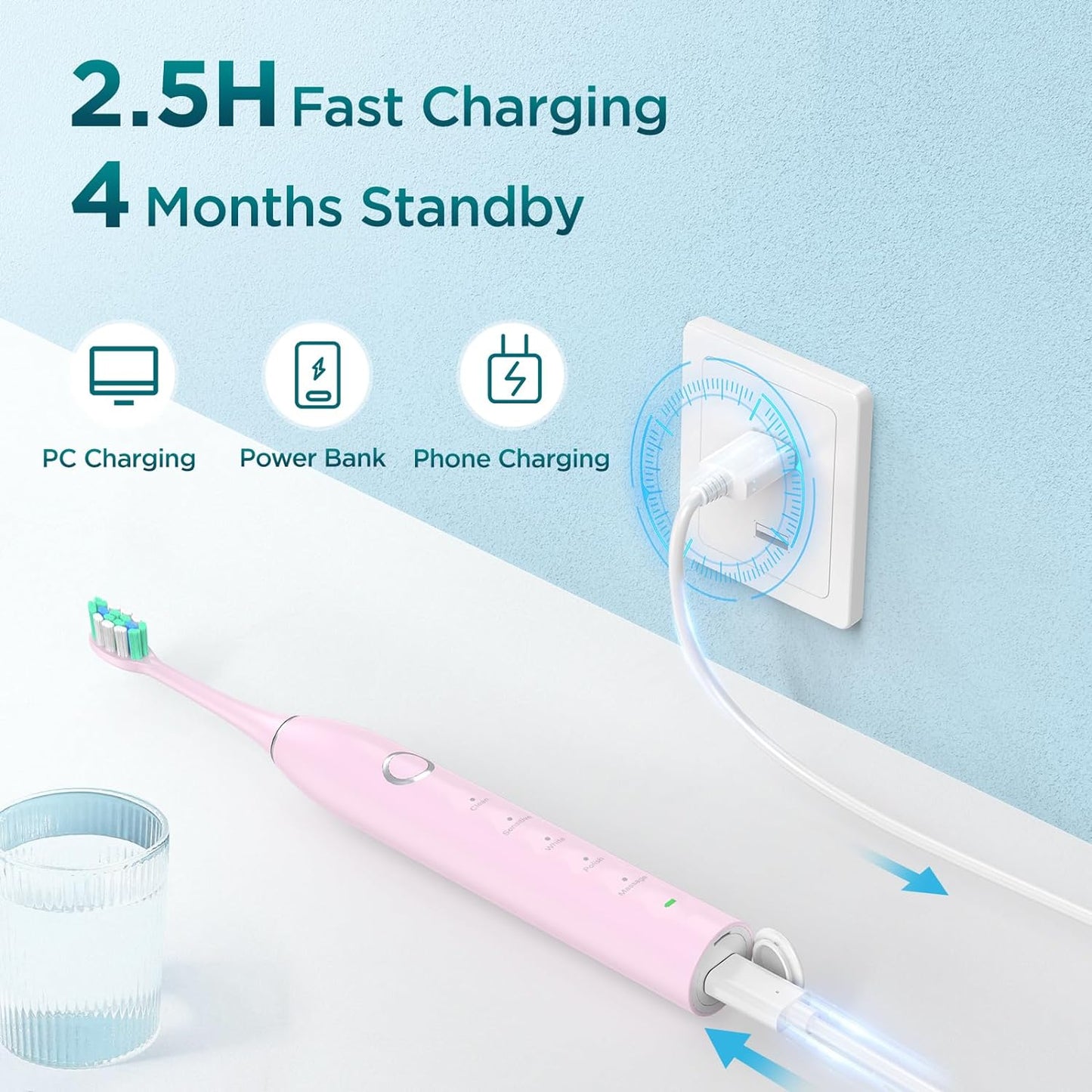 Electric Toothbrush for Adults with 8 Brush Heads, Sonic Toothbrush Rechargeable with a Holder & Travel Case, 2.5 Hours Charge for 120 Days Use - Pink