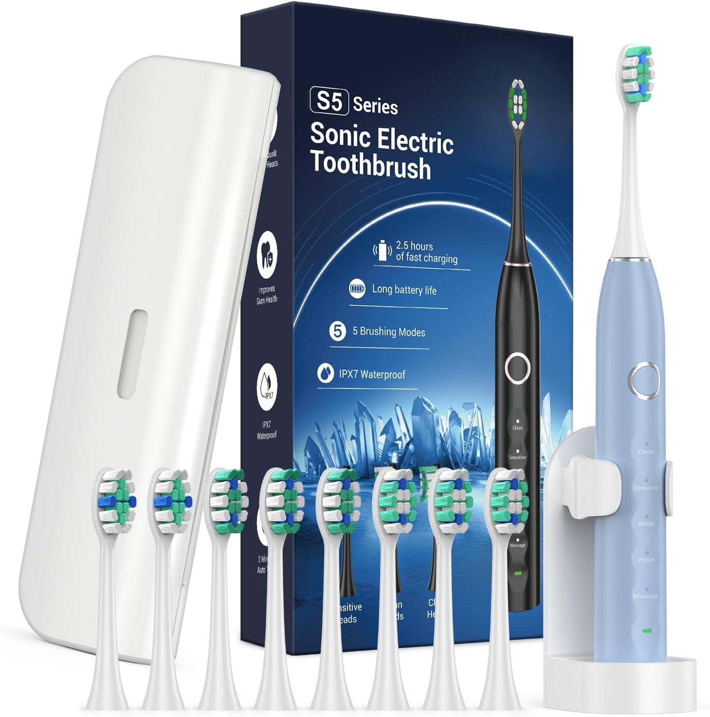 Electric Toothbrush for Adults with 8 Brush Heads, Sonic Toothbrush Rechargeable with a Holder & Travel Case, 2.5 Hours Charge for 120 Days Use - Pink