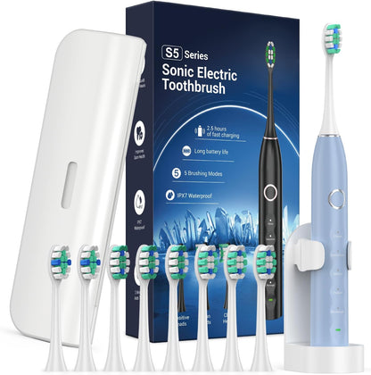 Electric Toothbrush for Adults with 8 Brush Heads, Sonic Toothbrush Rechargeable with a Holder & Travel Case, 2.5 Hours Charge for 120 Days Use - Pink