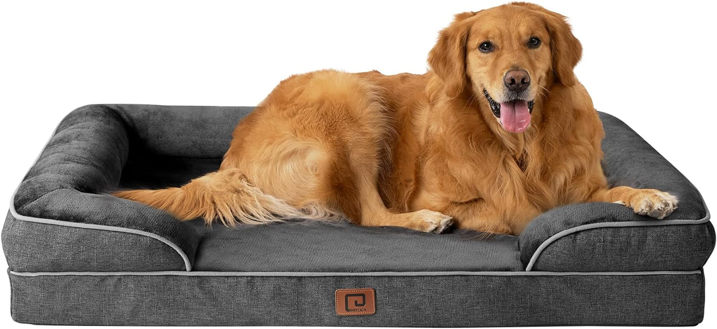 EHEYCIGA Orthopedic Dog Beds for Extra Large Dogs, Waterproof Memory Foam XL Dog Bed with Sides, Non-Slip Bottom and Egg-Crate Foam Big Dog Couch Bed with Washable Removable Cover, Grey