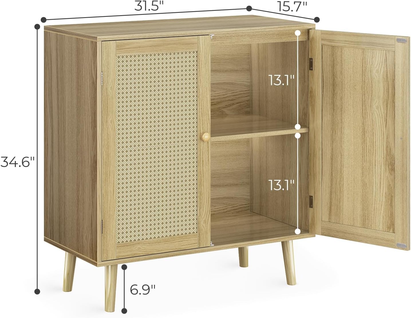 Buffet Cabinet with Storage, Storage Cabinet with PE Rattan Decor Doors, Accent Cabinet with Solid Wood Feet, Sideboard Cabinet for Hallway, Entry, Living Room, Natural