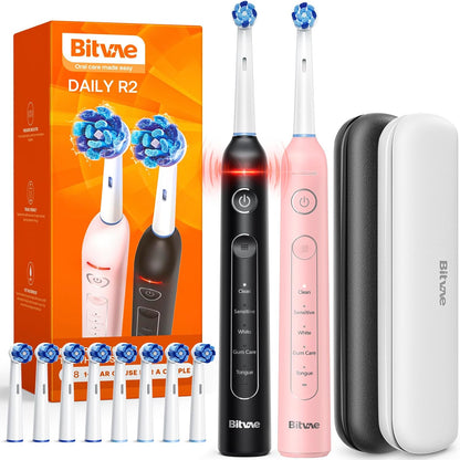 Bitvae R1 Rotating Electric Toothbrush with 8 Brush Heads for Adults and Kids, 60-Day Battery Life, 5 Modes Rechargeable Power Toothbrush with 2-Minute Smart Timer, Black