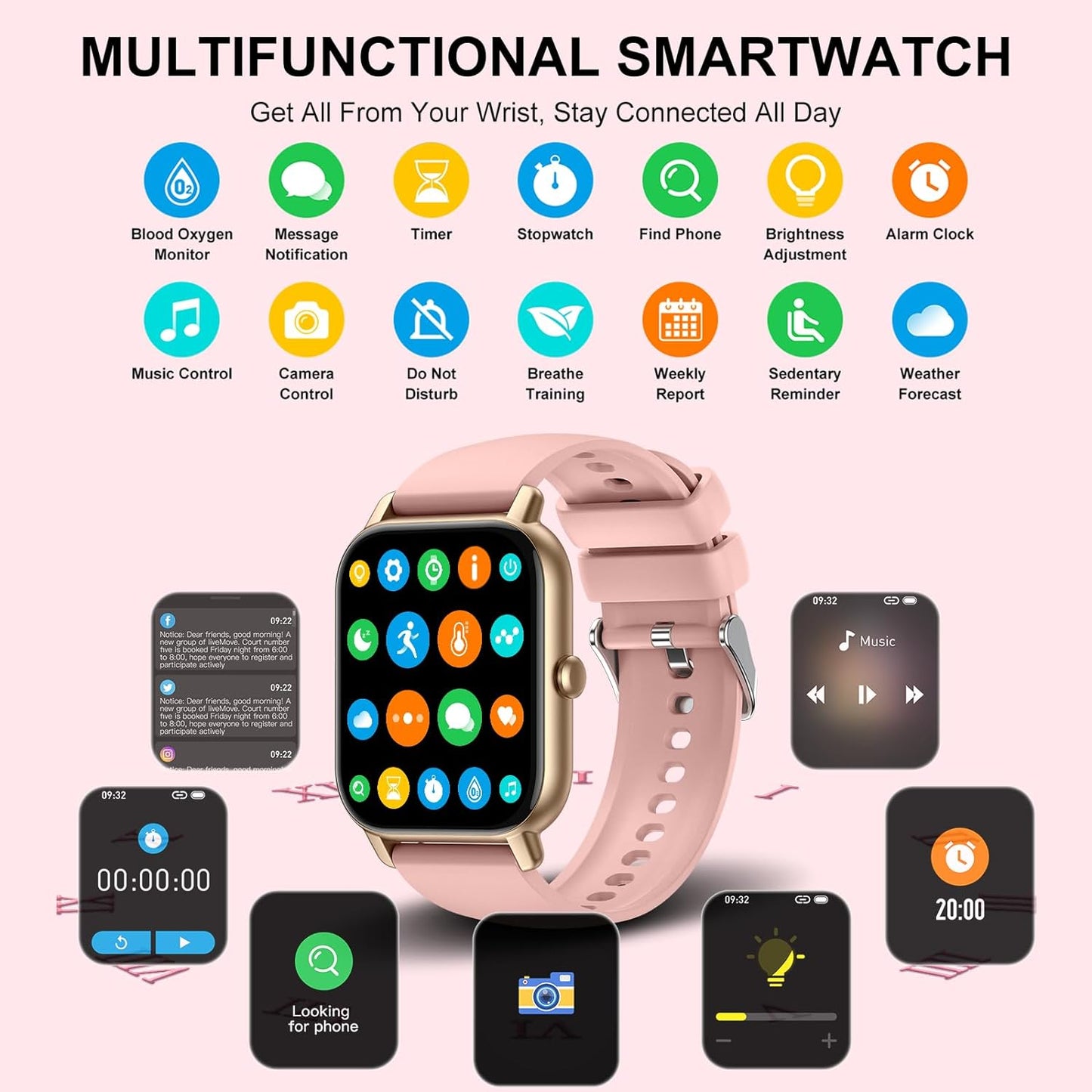 Smart Watch (Answer/Make Calls), 1.85" Smart Watches for Men Women 110+ Sport Modes Fitness Tracker with Sleep Heart Rate Monitor, Pedometer, IP68 Waterproof Fitness Watch for iOS Android, New Pink