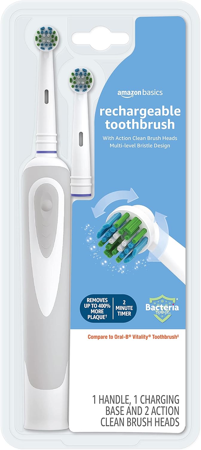 Amazon Basics Battery Powered Rechargeable Toothbrush with Action Clean Brush Heads and Charger, 4 Piece Set, White