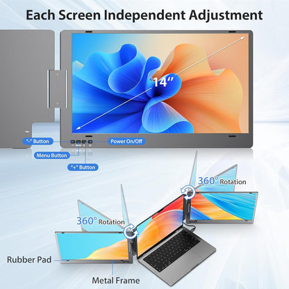 KYY Laptop Screen Extender, 14'' FHD 1080P USB-C Portable Monitor, IPS Computer Display, Dual Monitor for Triple Screen, Monitor for 12"-16" Laptop (Mac, Wins, Android)