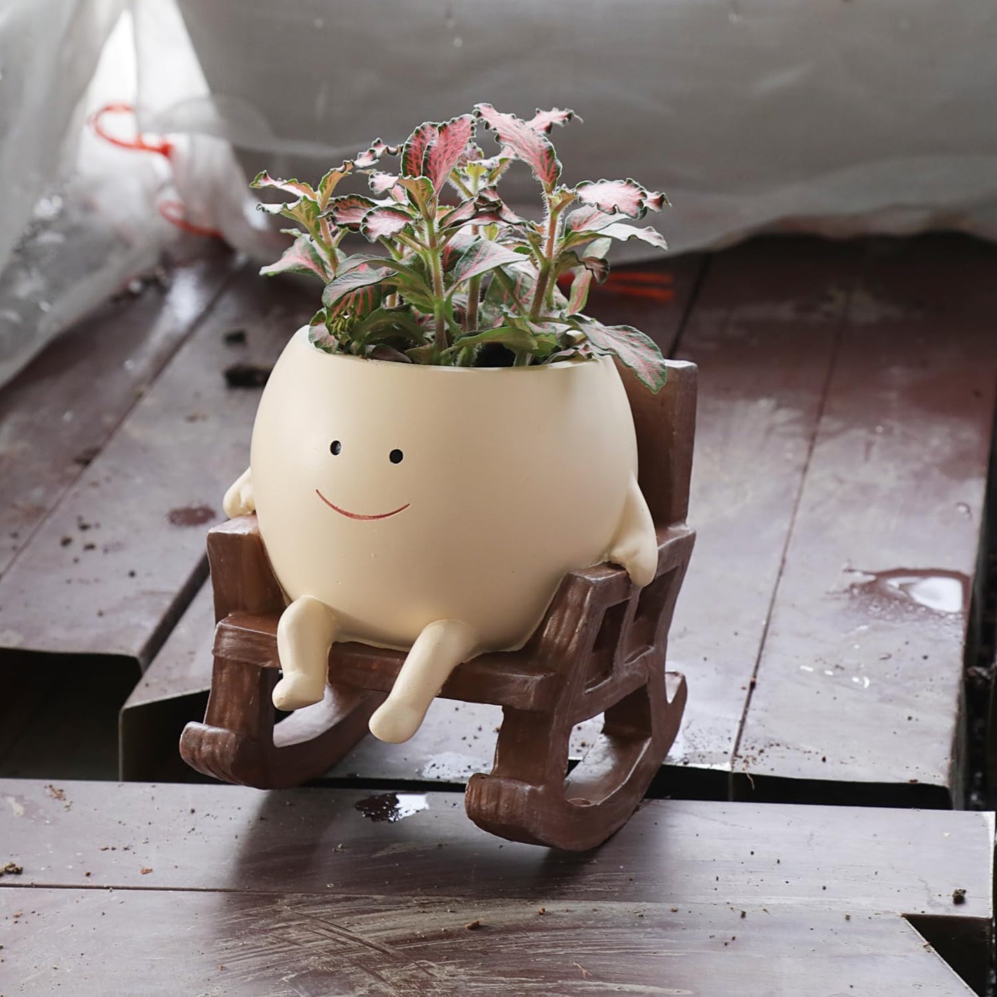 Smily Face Planter Pot Cute Resin Flower Head Planters for Indoor Outdoor Unique Sit Rocking Chair Succulent Pots Gift IdeaI for Mother and Appreciation Christmas with Drainage Hole