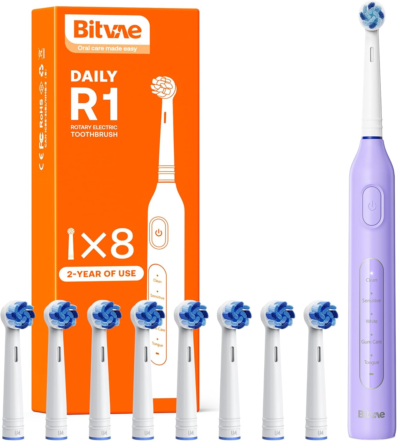 Bitvae R1 Rotating Electric Toothbrush with 8 Brush Heads for Adults and Kids, 60-Day Battery Life, 5 Modes Rechargeable Power Toothbrush with 2-Minute Smart Timer, Black