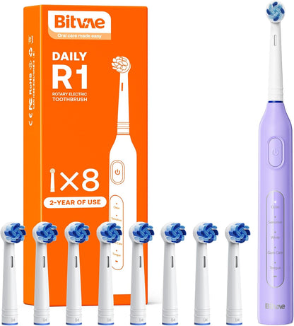 Bitvae R1 Rotating Electric Toothbrush with 8 Brush Heads for Adults and Kids, 60-Day Battery Life, 5 Modes Rechargeable Power Toothbrush with 2-Minute Smart Timer, Black