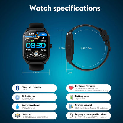 Curve Smart Watch for Men Women (Answer/Make Call), 2.01" Fitness Tracker with 120+ Sport Modes Heart Rate Sleep Blood Oxygen Monitor, IP68 Waterproof Fitness Watch for Android iOS, Black