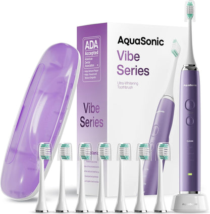 Aquasonic Vibe Series Ultra-Whitening Toothbrush – ADA Accepted Electric Toothbrush - 8 Brush Heads & Travel Case – 40,000 VPM Motor & Wireless Charging - 4 Modes w Smart Timer – Satin Rose Gold