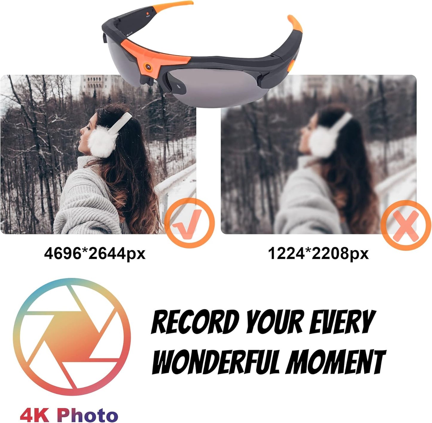 4K WiFi Camera Sunglasses Sports HD 1080P Video Recording Glasses DVR Eyewear with UV400 Protection Polarized Lenses for Outdoor Sports Supports iOS&Android (32GB TF Card Included)