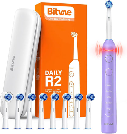 Bitvae R1 Rotating Electric Toothbrush with 8 Brush Heads for Adults and Kids, 60-Day Battery Life, 5 Modes Rechargeable Power Toothbrush with 2-Minute Smart Timer, Black