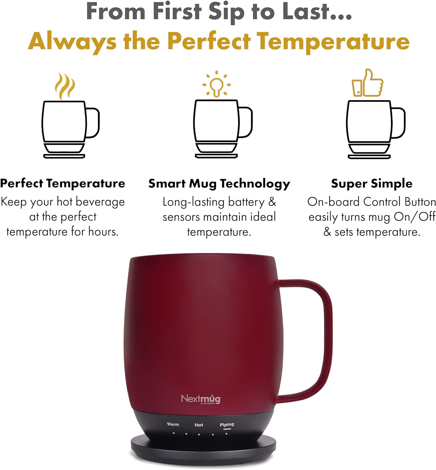 Nextmug - Temperature-Controlled, Self-Heating Coffee Mug (Burgundy - 14 oz.)