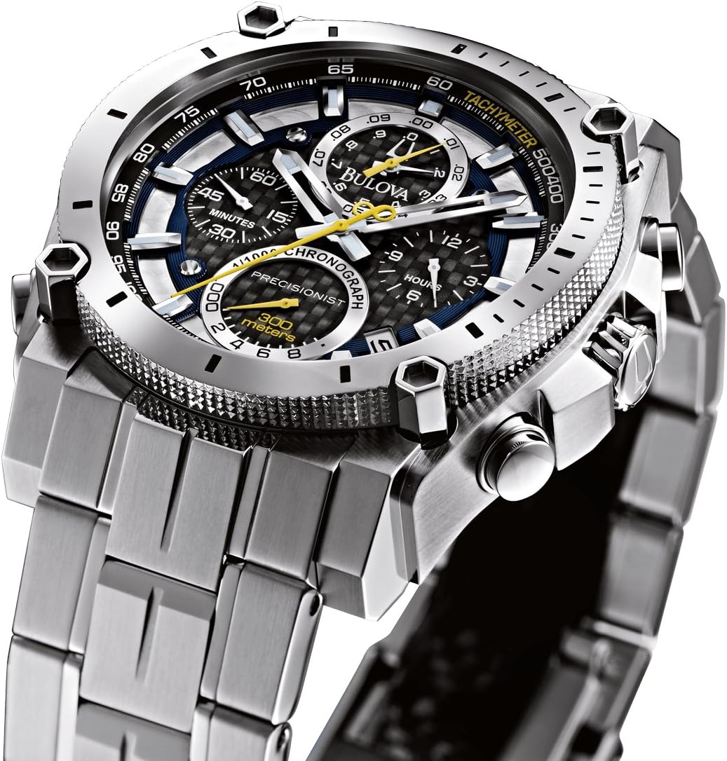 Bulova Men's Icon High Precision Quartz Chronograph Watch, Curved Mineral Crystal, 300m Water Resistant, Continuous Sweeping Secondhand, Luminous Markers