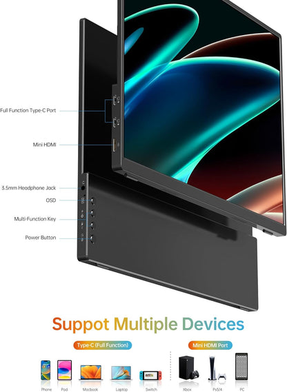 Portable Monitor 14 Inch FHD1200P Ultra-Slim for Laptop Monitor, USB-C&HDMI Plug&Play,100% SRGB External Monitor,Dual Speakers Extender Display. with Smart Cover for Laptop,PC Phone Xbox PS4/5