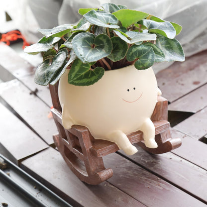 Smily Face Planter Pot Cute Resin Flower Head Planters for Indoor Outdoor Unique Sit Rocking Chair Succulent Pots Gift IdeaI for Mother and Appreciation Christmas with Drainage Hole