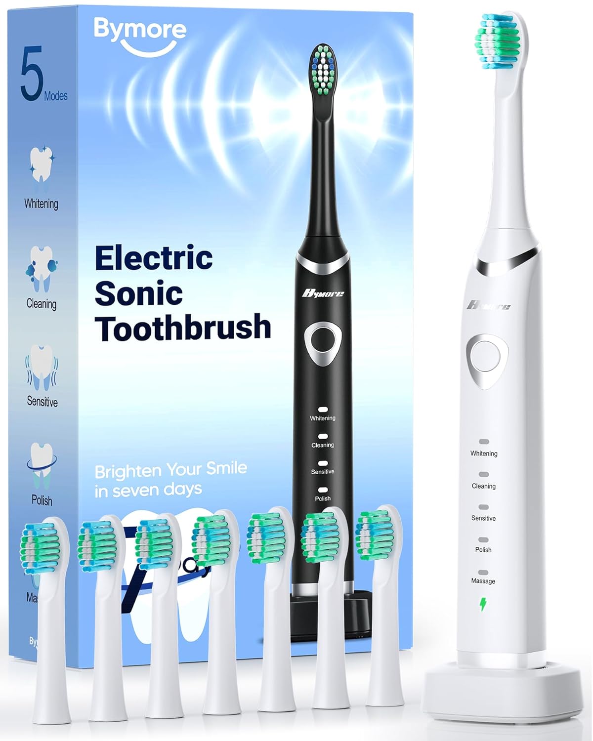 Bymore Electric Toothbrush for Adults,Travel Sonic toothbrush with 8 replacement heads, ultra clean rechargeable toothbrush Portable One Charge for 330days 5 modes 2mins timer-Black