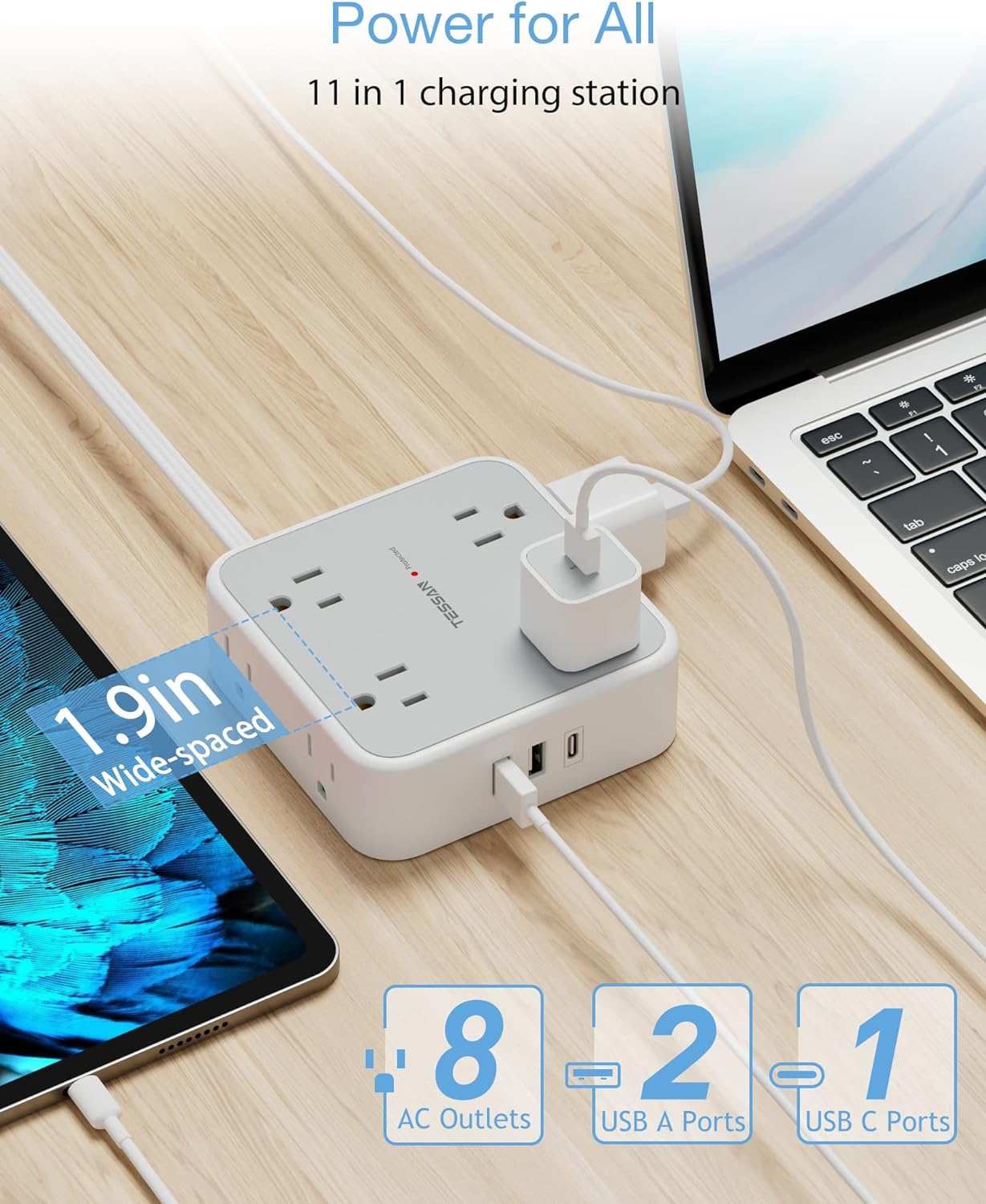 Surge Protector Flat Extension Cord Flat Plug Power Strip, 8 AC Outlets, 3 USB Charger(1 USB C Port) 3-Sided Outlet Extender, 5 Ft, 900 Joules Protection, Office Supplies, Dorm Room Essentials, Grey