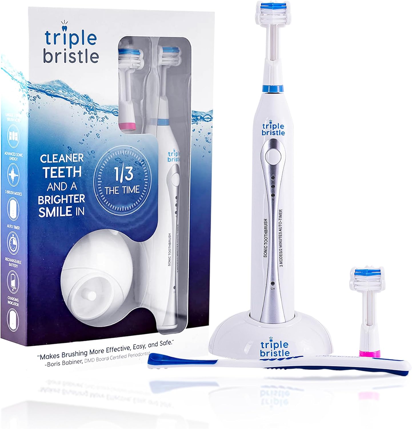 Triple Bristle Original Sonic Toothbrush | Rechargeable 31,000 VPM Tooth Brush | Patented 3 Head Design | Angled Bristles Clean Each Tooth | Dentist Created & Approved Original