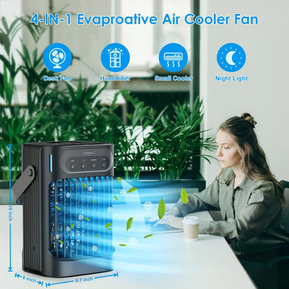 Portable Air Conditioners Cooling Fan, Upgraded Evaporative Mini Air Conditioner Portable with 3 Cool Mist & Speeds, 7 Night Light & 2-8H Timer, Personal Air Cooler for Bedroom Office Camping