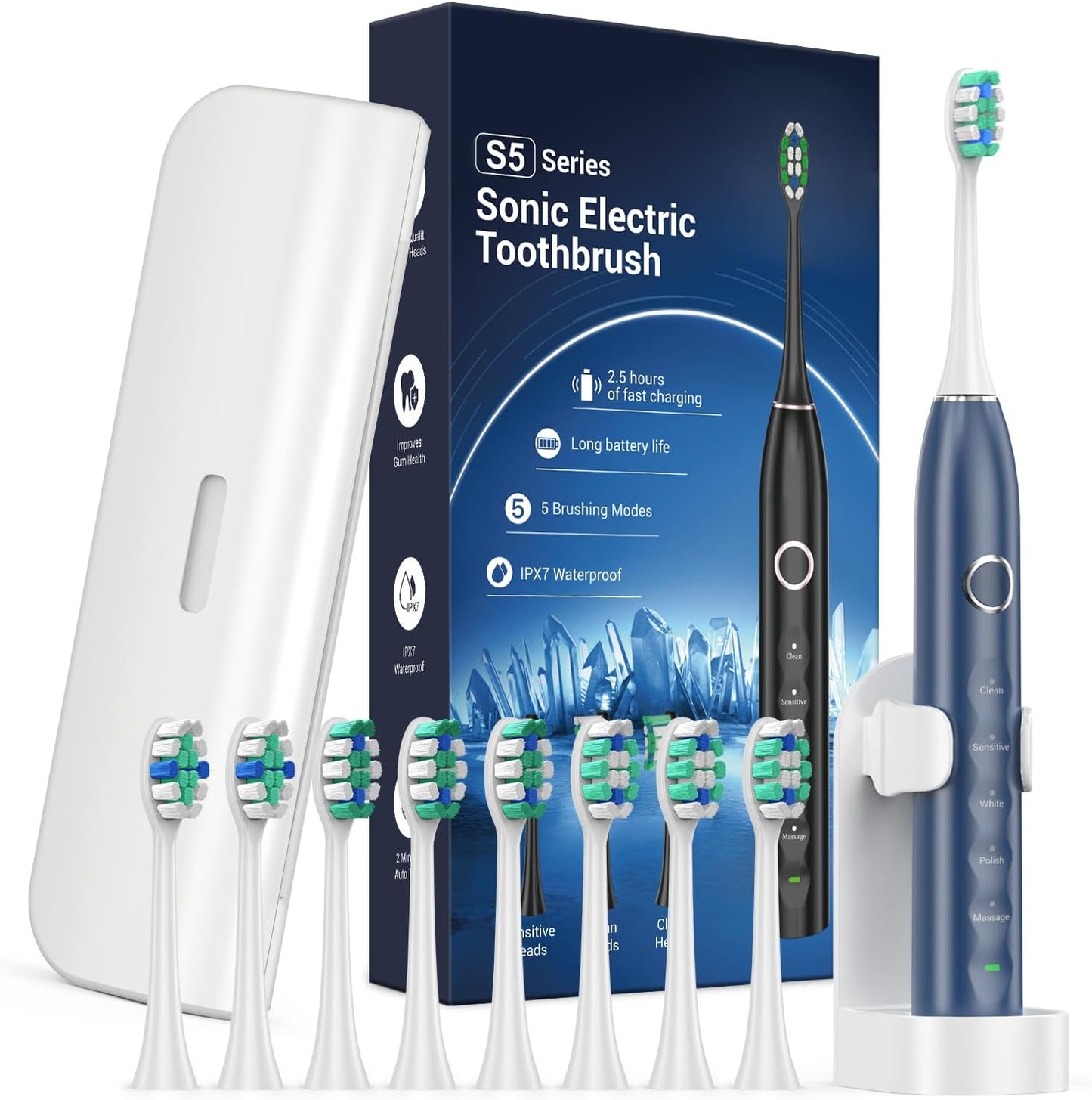 Electric Toothbrush for Adults with 8 Brush Heads, Sonic Toothbrush Rechargeable with a Holder & Travel Case, 2.5 Hours Charge for 120 Days Use - Pink