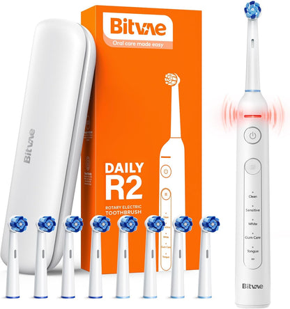 Bitvae R1 Rotating Electric Toothbrush with 8 Brush Heads for Adults and Kids, 60-Day Battery Life, 5 Modes Rechargeable Power Toothbrush with 2-Minute Smart Timer, Black