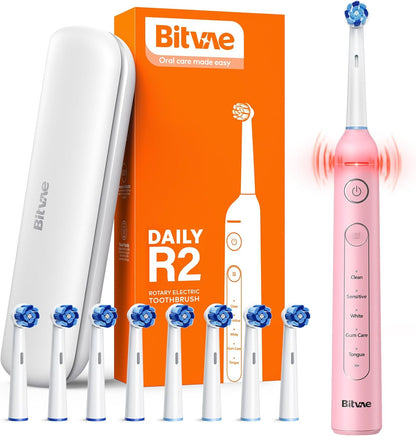 Bitvae R1 Rotating Electric Toothbrush with 8 Brush Heads for Adults and Kids, 60-Day Battery Life, 5 Modes Rechargeable Power Toothbrush with 2-Minute Smart Timer, Black