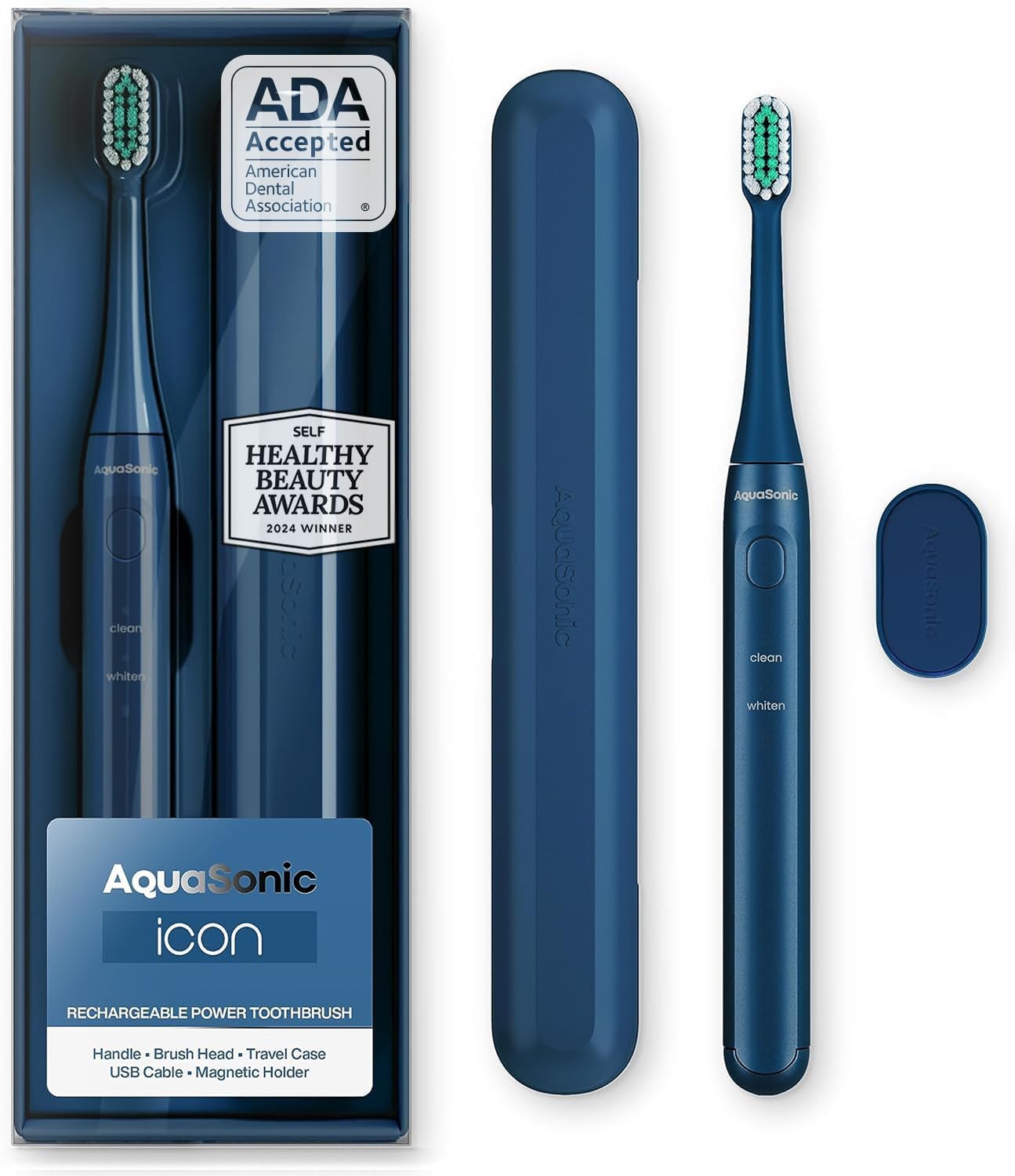 Aquasonic Icon ADA-Accepted Rechargeable Toothbrush | Magnetic Holder & Slim Travel Case | 2 Brushing Modes & Smart Timers | Gentle Micro-Vibrations (Mint)