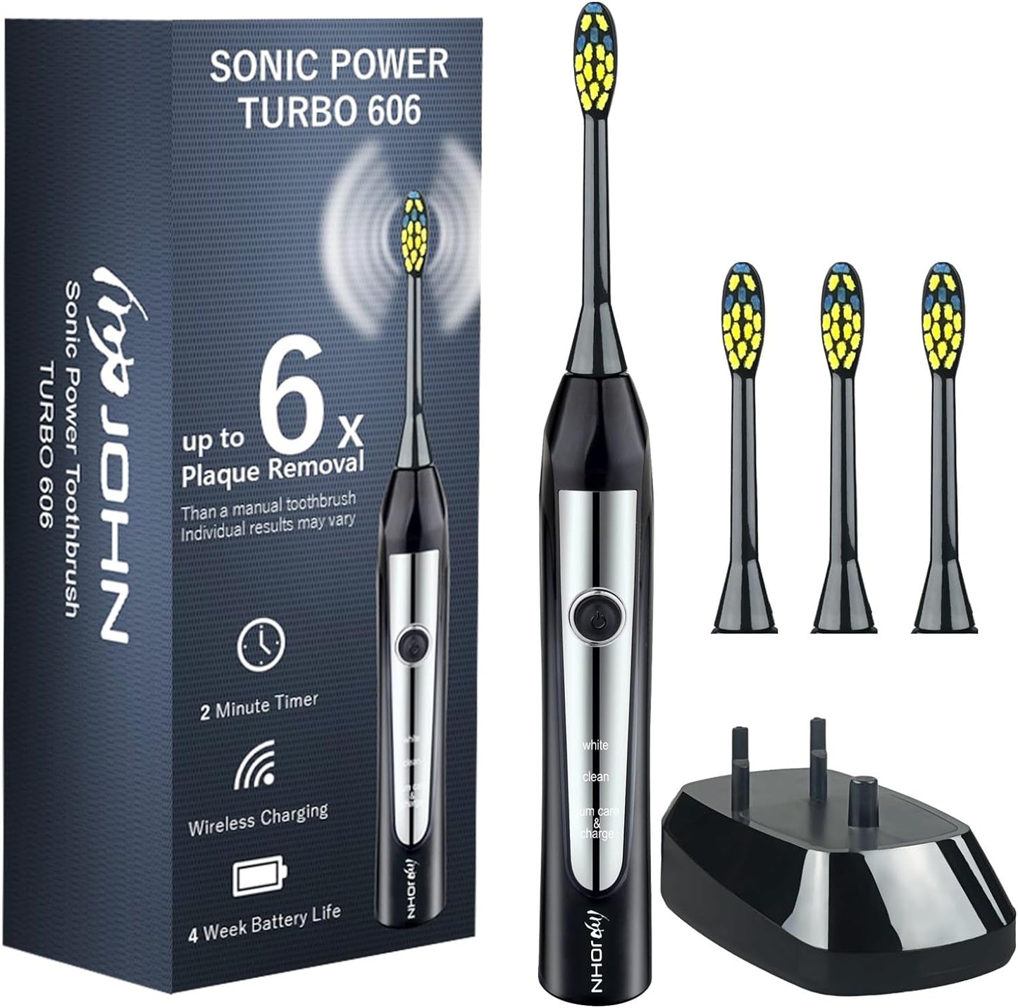 JOHN Sonic Electric Toothbrush for Adults, 6X Cleaning Power, 4 Weeks of Use Rechargeable Lithium-ion Battery, 4 Brush Heads, Turbo 606 White