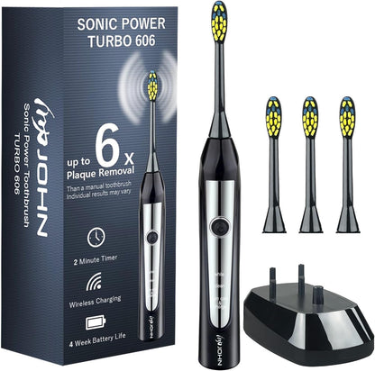 JOHN Sonic Electric Toothbrush for Adults, 6X Cleaning Power, 4 Weeks of Use Rechargeable Lithium-ion Battery, 4 Brush Heads, Turbo 606 White