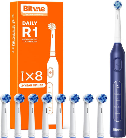 Bitvae R1 Rotating Electric Toothbrush with 8 Brush Heads for Adults and Kids, 60-Day Battery Life, 5 Modes Rechargeable Power Toothbrush with 2-Minute Smart Timer, Black