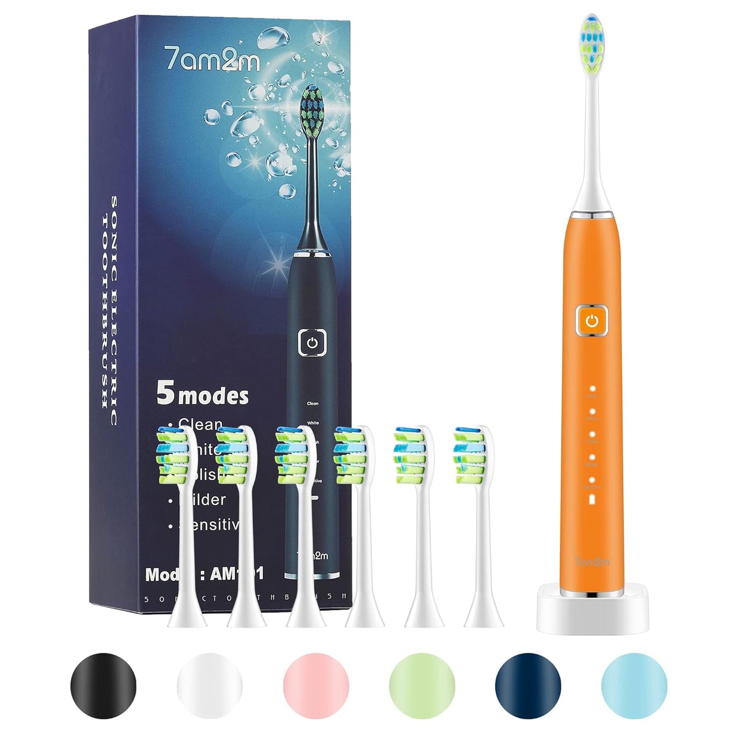 7AM2M Sonic Electric Toothbrush with 6 Brush Heads for Adults and Kids, One Charge for 90 Days, Wireless Fast Charge, 5 Modes with 2 Minutes Built in Smart Timer, Electric Toothbrushes(Pink)