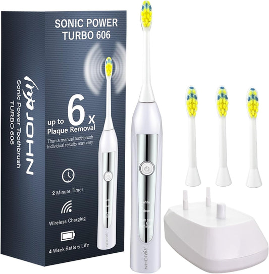 JOHN Sonic Electric Toothbrush for Adults, 6X Cleaning Power, 4 Weeks of Use Rechargeable Lithium-ion Battery, 4 Brush Heads, Turbo 606 White