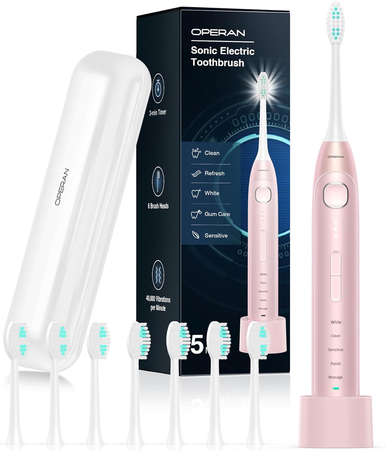 Operan Electric Toothbrush for Adults and Kids Rechargeable Sonic Toothbrush with 5 Modes 2-Min Smart Timer IPX7 Waterproof 40,000 VPM Motor with 8 Brush Heads & Travel Case (White)