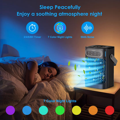 Portable Air Conditioners Cooling Fan, Upgraded Evaporative Mini Air Conditioner Portable with 3 Cool Mist & Speeds, 7 Night Light & 2-8H Timer, Personal Air Cooler for Bedroom Office Camping