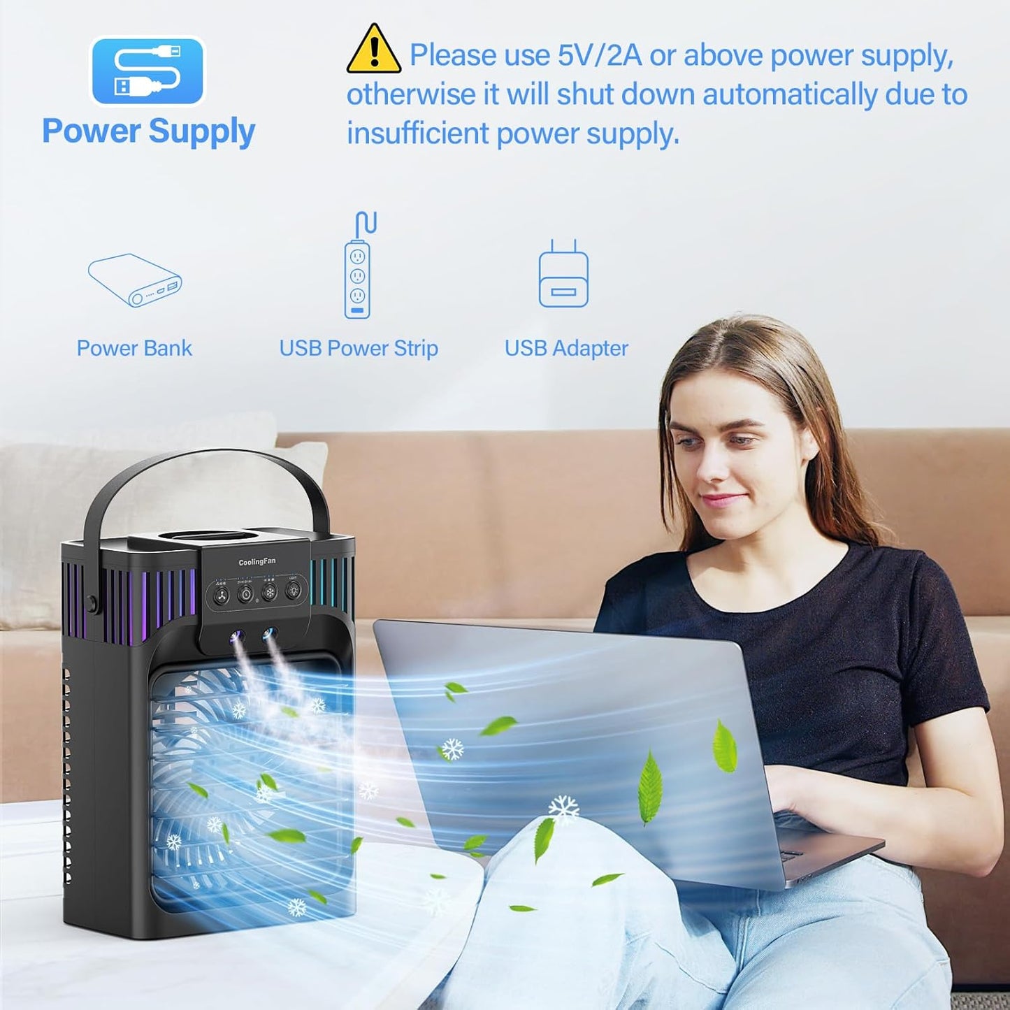 Portable air conditioner,1200 milliliter Cooling fan Air Conditioner with Remote,4 Wind Speed & 7 Led Light,3 Mist&2-8H Timer,Personal Air Conditioner