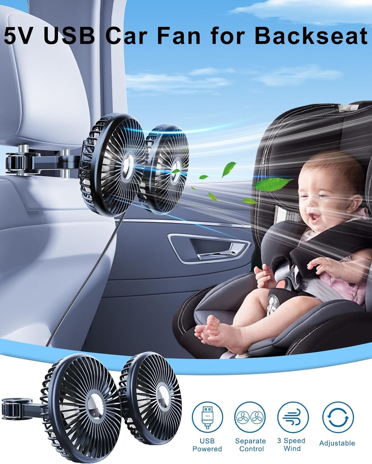 ELOHEI Backseat Car Fan,12V Quiet 3 Speed 360° Rotate Dual Head Usb Car Fans Strong Wind Power for Universal Cars SUV Sedan Trucks(Black)