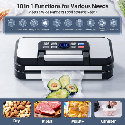 95Kpa Powerful Precision Pro Vacuum Sealer, with 10-in-1 Functions, Easy-Lock Handle, Double Heat Seal & Double Pump, Vacuum Sealer Machine for Food with Bags Storage, Built-in Cutter,Stainless Steel