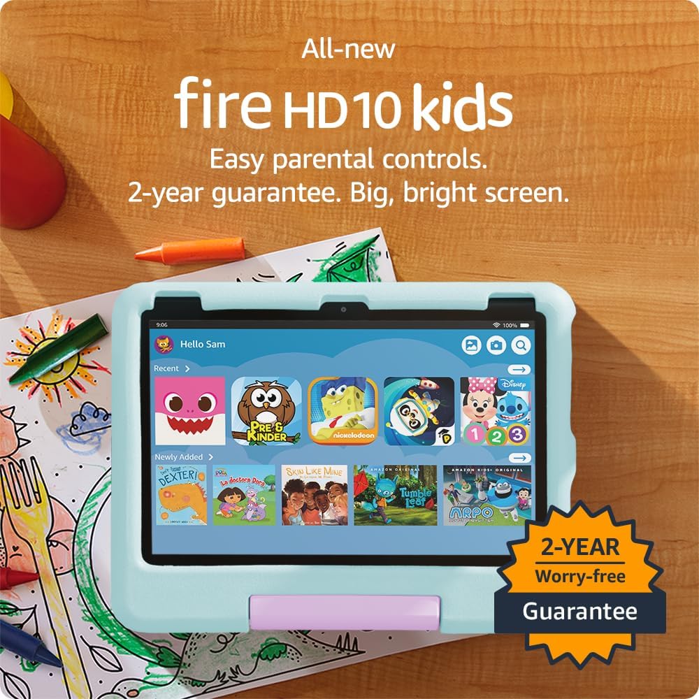 Fire 10 Kids tablet- 2023, ages 3-7 | Bright 10.1" HD screen with ad-free content and parental controls included, 13-hr battery, 32 GB, Blue