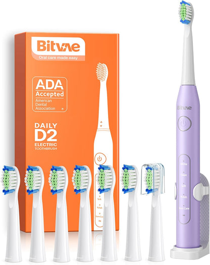 Bitvae Electric Toothbrush for Adults - Ultrasonic Electric Toothbrushes with 8 Brush Heads, ADA Accepted Power Rechargeable Toothbrush with 5 Modes, Smart Timer, Black D2