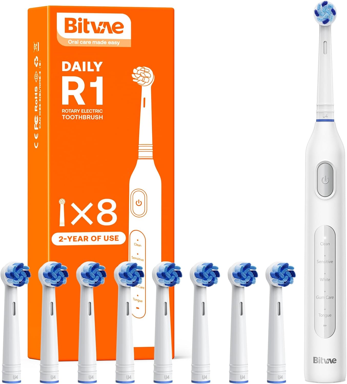 Bitvae R1 Rotating Electric Toothbrush with 8 Brush Heads for Adults and Kids, 60-Day Battery Life, 5 Modes Rechargeable Power Toothbrush with 2-Minute Smart Timer, Black