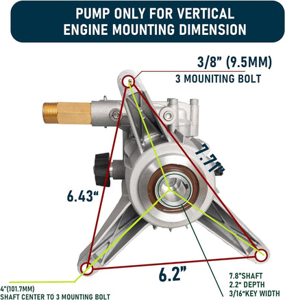 Hourleey 7/8" Shaft Vertical Pressure Washer Pump, 3400PSI 2.5GPM, Replacement Pump for Power Washer Kit, Compatible with Honda, Simpson, RYOBI, Briggs & Stratton, Subaru, Craftsman